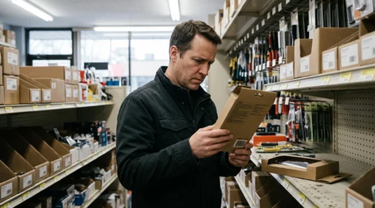 Un acheteur examine l'étiquette de provenance sur l'emballage d'un produit dans un magasin au Canada.