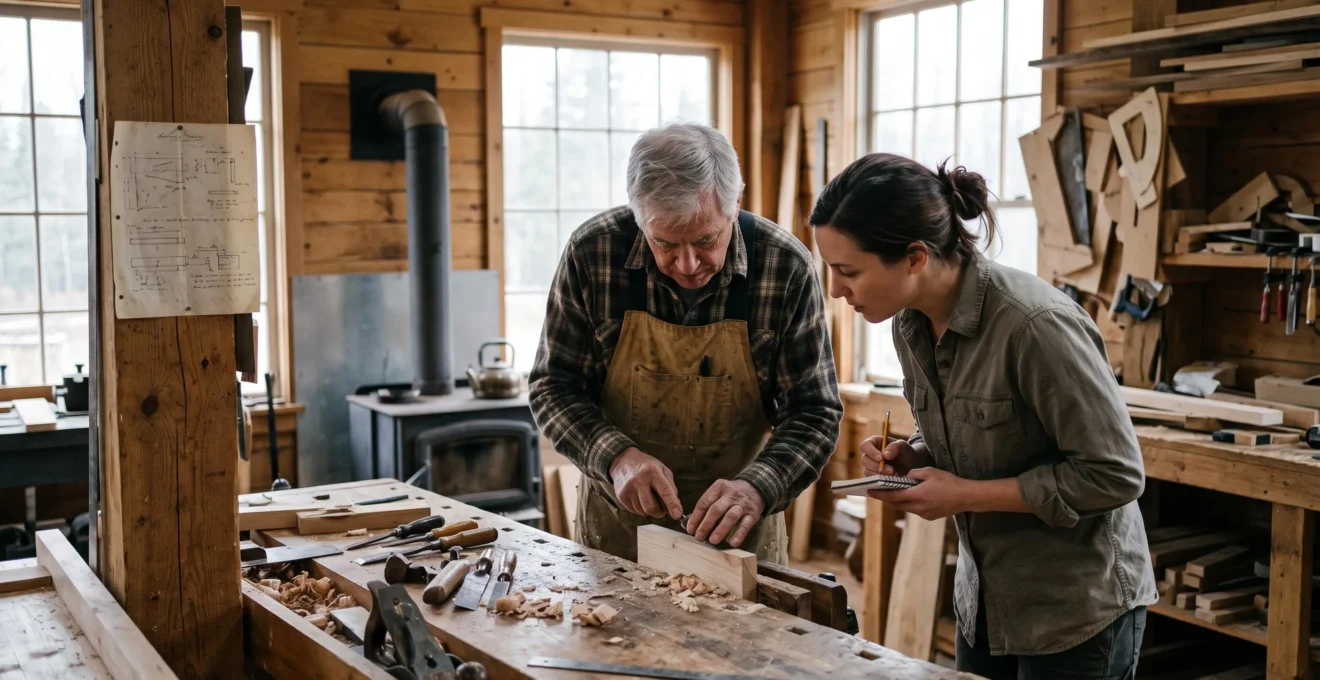 Un artisan âgé montre un geste précis à un apprenti attentif dans un atelier canadien en bois, entouré d'outils utilisés.