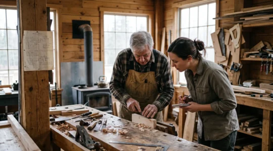 Un artisan âgé montre un geste précis à un apprenti attentif dans un atelier canadien en bois, entouré d'outils utilisés.