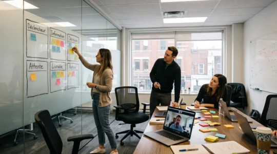 Une équipe hybride construit une grille de six cases sur un mur vitré lors d'un atelier de cartographie de processus, avec un collègue en visioconférence sur la table.
