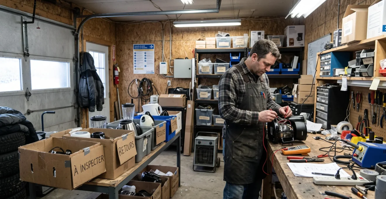 Un technicien examine un produit retourné sur un établi dans un atelier de reconditionnement, entouré de caisses de tri et d'étagères de produits reconditionnés.