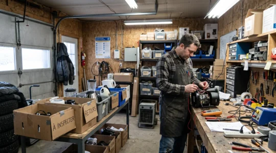 Un technicien examine un produit retourné sur un établi dans un atelier de reconditionnement, entouré de caisses de tri et d'étagères de produits reconditionnés.