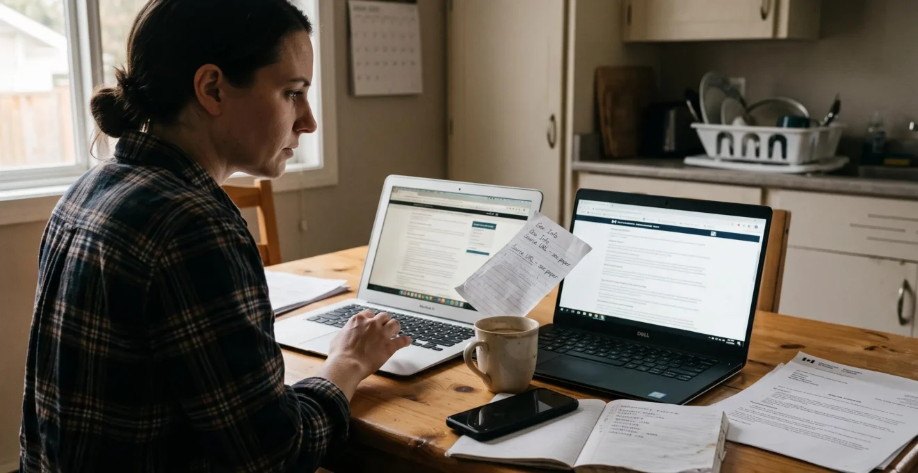 Une personne compare sur deux ordinateurs portables des résultats de recherche à sa table de cuisine, avec des notes manuscrites sur les sources fiables consultées.
