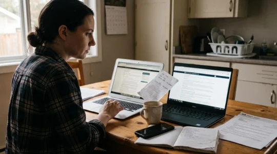 Une personne compare sur deux ordinateurs portables des résultats de recherche à sa table de cuisine, avec des notes manuscrites sur les sources fiables consultées.