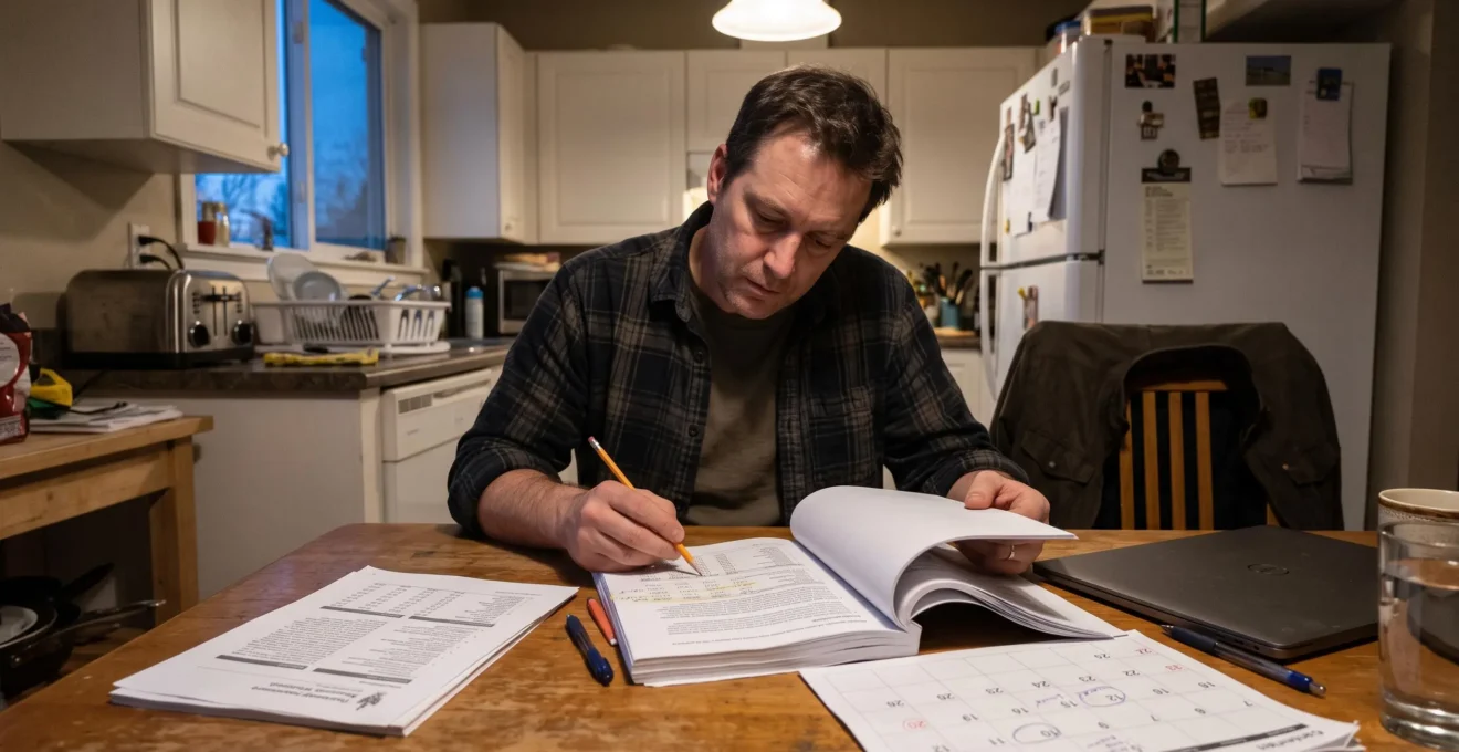 Une citoyenne annote à un crayon un document budgétaire imprimé posé sur une table de cuisine, avec un calendrier et d'autres rapports à côté.