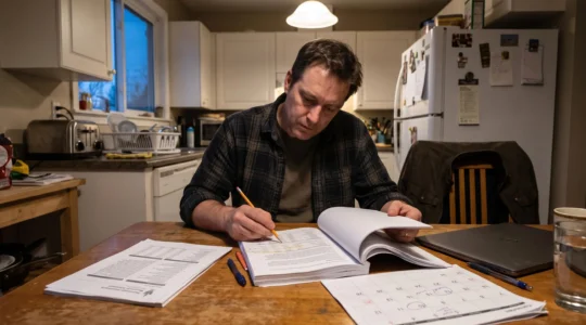 Une citoyenne annote à un crayon un document budgétaire imprimé posé sur une table de cuisine, avec un calendrier et d'autres rapports à côté.