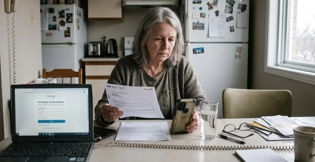 Une femme âgée assise à sa table de cuisine tient un document papier tout en regardant un écran de vérification sur son ordinateur portable, un téléphone posé à côté.