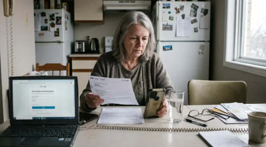 Une femme âgée assise à sa table de cuisine tient un document papier tout en regardant un écran de vérification sur son ordinateur portable, un téléphone posé à côté.