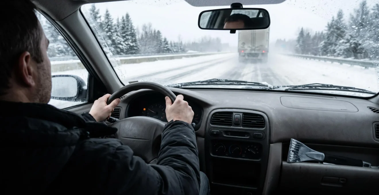 Un conducteur garde les deux mains sur le volant d'une voiture circulant sur une autoroute enneigée où les lignes de voies sont partiellement masquées.