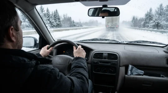 Un conducteur garde les deux mains sur le volant d'une voiture circulant sur une autoroute enneigée où les lignes de voies sont partiellement masquées.