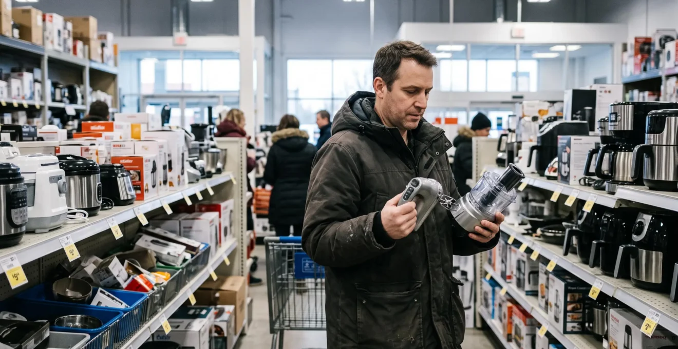 Un consommateur compare le poids et la qualité de deux petits appareils électroménagers dans un magasin, les tenant chacun dans une main.