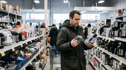 Un consommateur compare le poids et la qualité de deux petits appareils électroménagers dans un magasin, les tenant chacun dans une main.