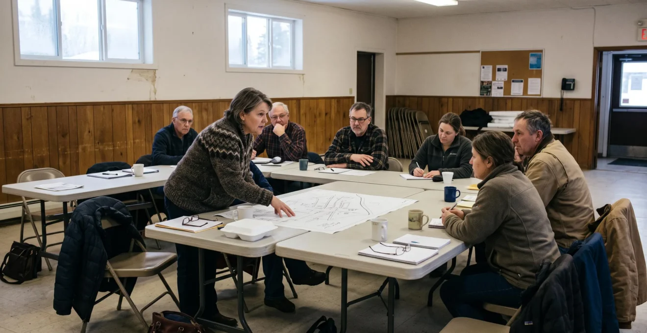 Des citoyens et un dirigeant d'entreprise locale discutent autour d'un plan de quartier lors d'une consultation communautaire dans une salle de réunion au Canada.