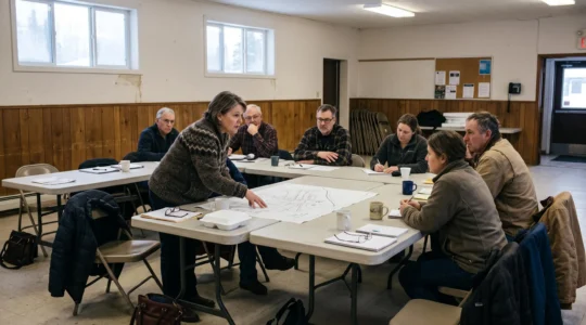 Des citoyens et un dirigeant d'entreprise locale discutent autour d'un plan de quartier lors d'une consultation communautaire dans une salle de réunion au Canada.