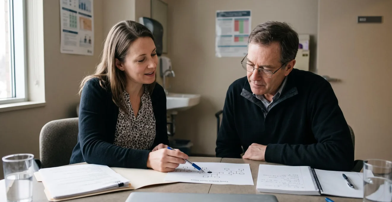 Un conseiller en génétique explique un schéma d'antécédents familiaux à une patiente dans une salle de consultation.
