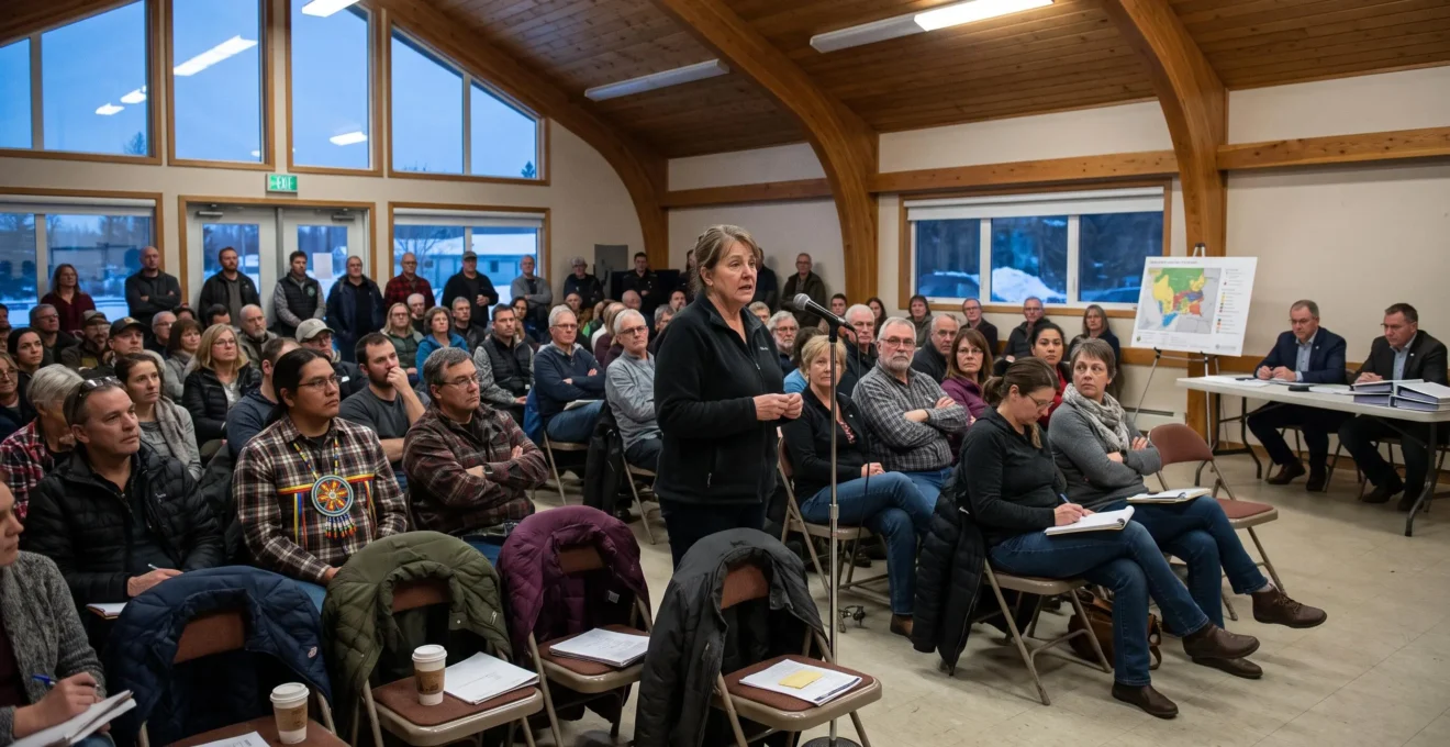 Des citoyens d'une communauté canadienne assistent à une consultation publique sur un projet de ressources naturelles, une femme debout au micro posant une question.