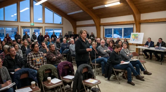 Des citoyens d'une communauté canadienne assistent à une consultation publique sur un projet de ressources naturelles, une femme debout au micro posant une question.