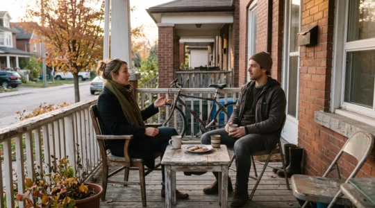 Deux adultes discutent attablés sur le porche en bois d'une maison en rangée canadienne, avec deux tasses et des biscuits, en fin de journée d'automne.