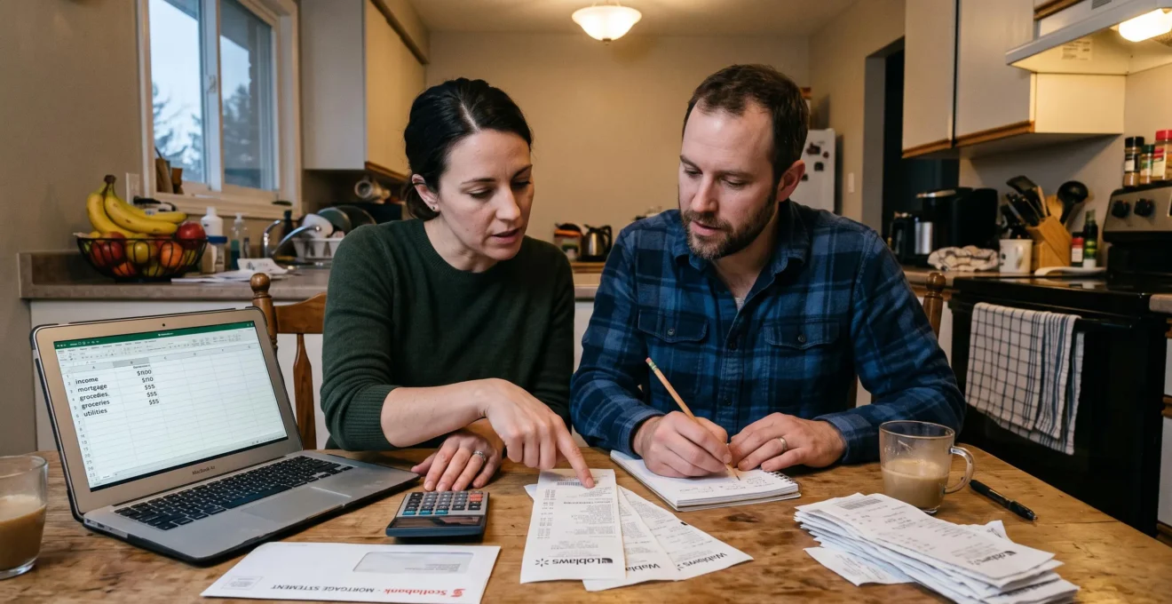 Un couple assis à la table de cuisine compare des factures d'épicerie et un budget sur ordinateur portable pour évaluer son pouvoir d'achat.