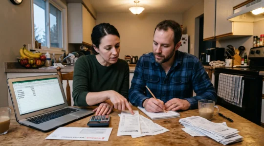 Un couple assis à la table de cuisine compare des factures d'épicerie et un budget sur ordinateur portable pour évaluer son pouvoir d'achat.