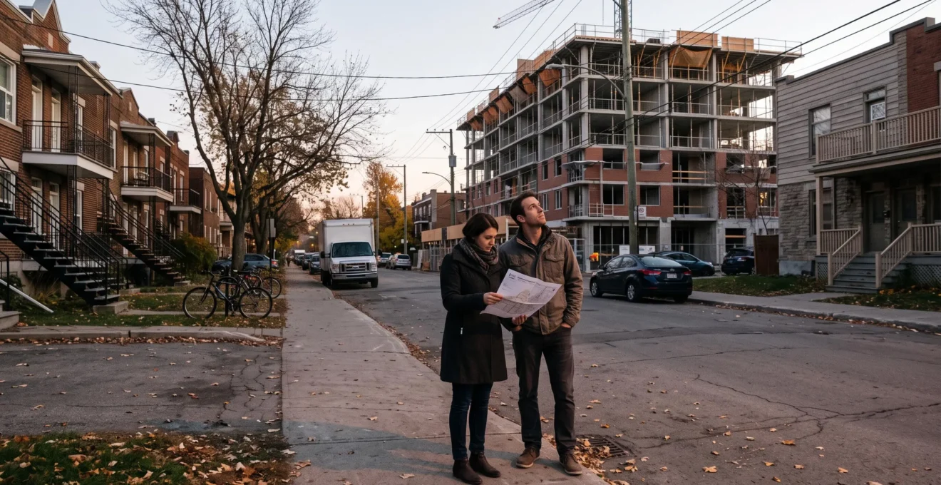Un couple observe un immeuble en construction dans une rue résidentielle d'une métropole canadienne en fin de journée.