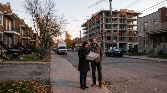 Un couple observe un immeuble en construction dans une rue résidentielle d'une métropole canadienne en fin de journée.