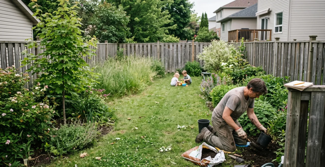 Une personne agenouillée plante une vivace dans une petite cour arrière aménagée avec arbuste indigène, prairie et coin de pelouse pour la biodiversité.