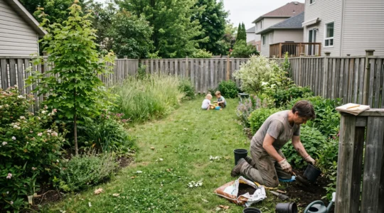 Une personne agenouillée plante une vivace dans une petite cour arrière aménagée avec arbuste indigène, prairie et coin de pelouse pour la biodiversité.