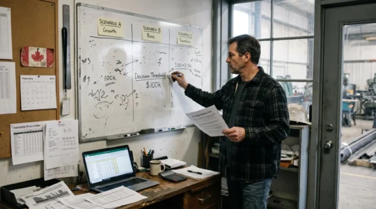Un dirigeant de PME écrit des seuils de décision sur un tableau blanc divisé en trois scénarios, dans un bureau d'atelier éclairé par la lumière du jour.