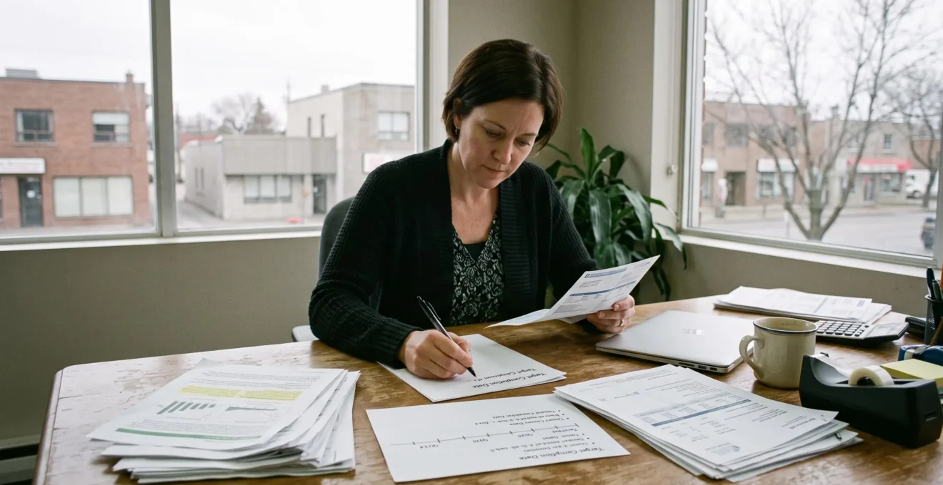 Une dirigeante de PME note une date sur une feuille de route durable posée sur une table couverte de factures d'énergie et de documents de travail.