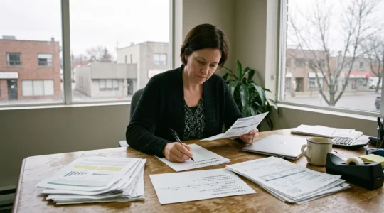 Une dirigeante de PME note une date sur une feuille de route durable posée sur une table couverte de factures d'énergie et de documents de travail.
