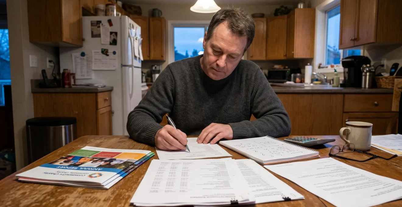 Une donatrice assise à sa table compare le rapport annuel d'un organisme caritatif avec ses états financiers et prend des notes.