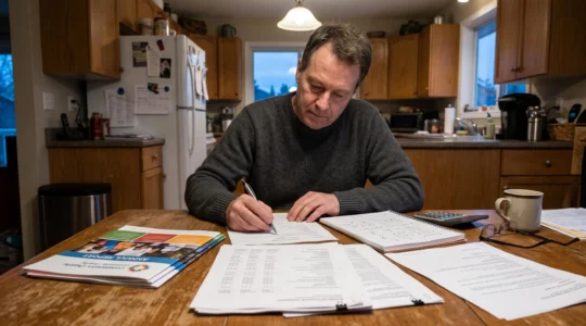 Une donatrice assise à sa table compare le rapport annuel d'un organisme caritatif avec ses états financiers et prend des notes.
