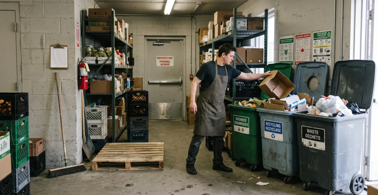 Un employé trie des cartons dans trois bacs de tri différents dans la réserve d'un commerce.