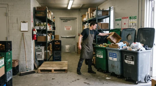 Un employé trie des cartons dans trois bacs de tri différents dans la réserve d'un commerce.