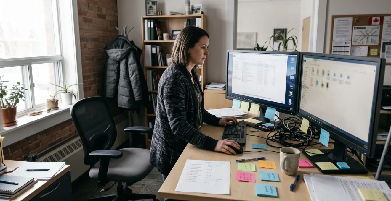 Un employé de bureau trie des fichiers numériques dans une arborescence de dossiers sur un double écran, avec une liste d'indicateurs imprimée à côté du clavier.