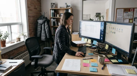 Un employé de bureau trie des fichiers numériques dans une arborescence de dossiers sur un double écran, avec une liste d'indicateurs imprimée à côté du clavier.