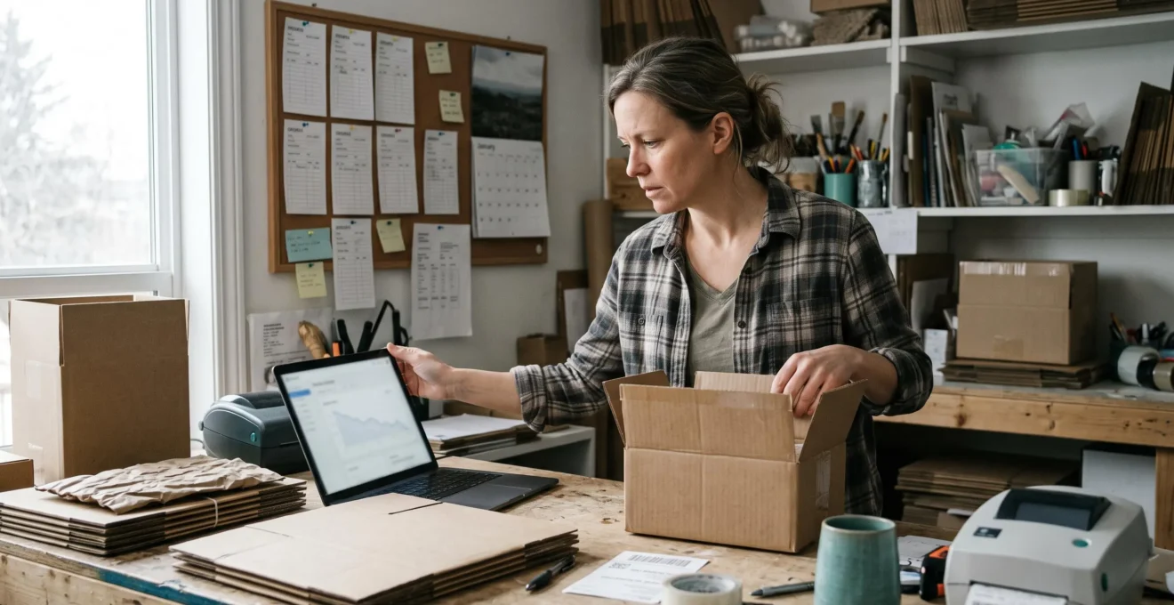 Une entrepreneure canadienne interrompt la préparation de ses commandes pour consulter un écran montrant une baisse de portée sur son ordinateur portable.