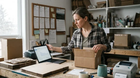 Une entrepreneure canadienne interrompt la préparation de ses commandes pour consulter un écran montrant une baisse de portée sur son ordinateur portable.