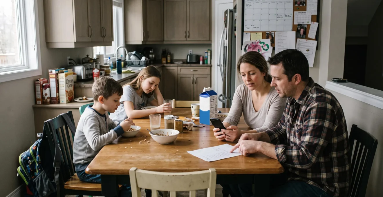 Une famille canadienne réunie autour de la table de cuisine planifie ensemble son agenda partagé et sa liste commune