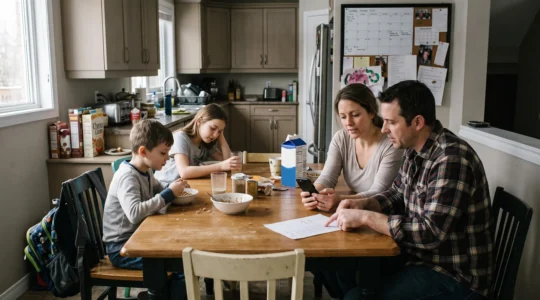 Une famille canadienne réunie autour de la table de cuisine planifie ensemble son agenda partagé et sa liste commune