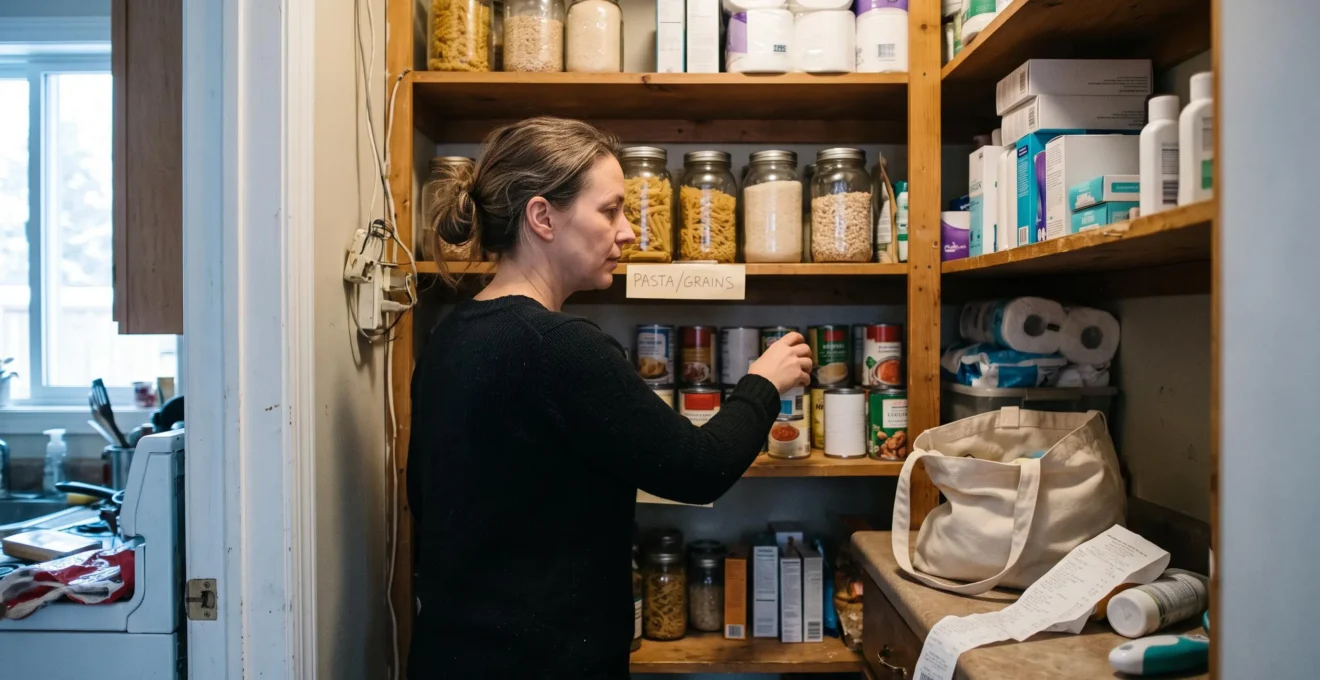 Une femme organise calmement une réserve d'aliments secs et de produits d'hygiène sur les étagères d'un garde-manger familial.