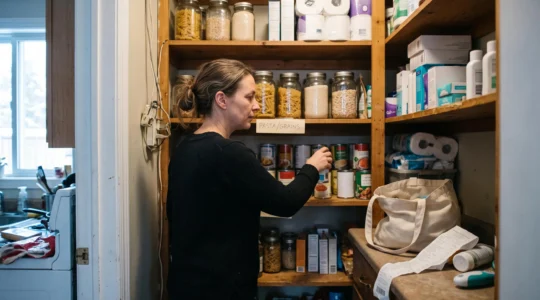 Une femme organise calmement une réserve d'aliments secs et de produits d'hygiène sur les étagères d'un garde-manger familial.