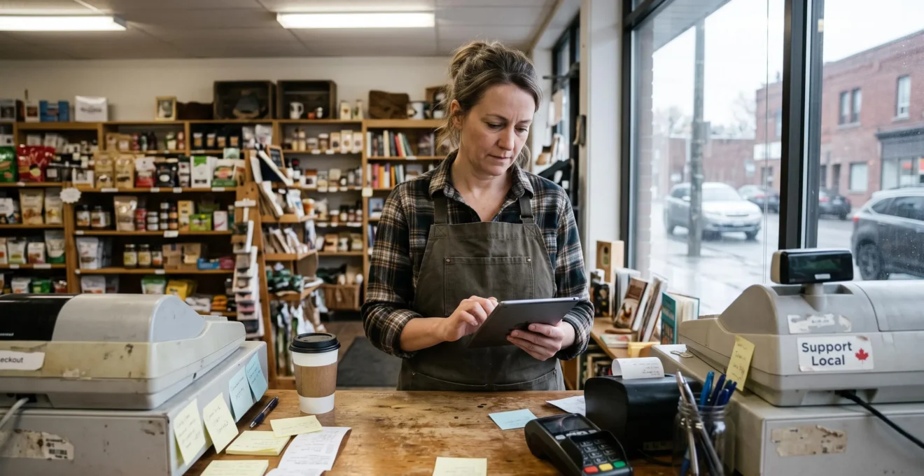 Une gérante de commerce de détail examine une liste d'alertes sur une tablette derrière le comptoir de sa boutique.