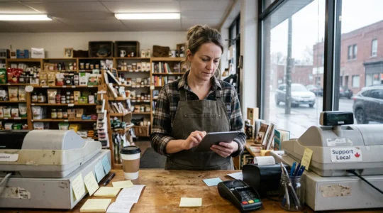 Une gérante de commerce de détail examine une liste d'alertes sur une tablette derrière le comptoir de sa boutique.