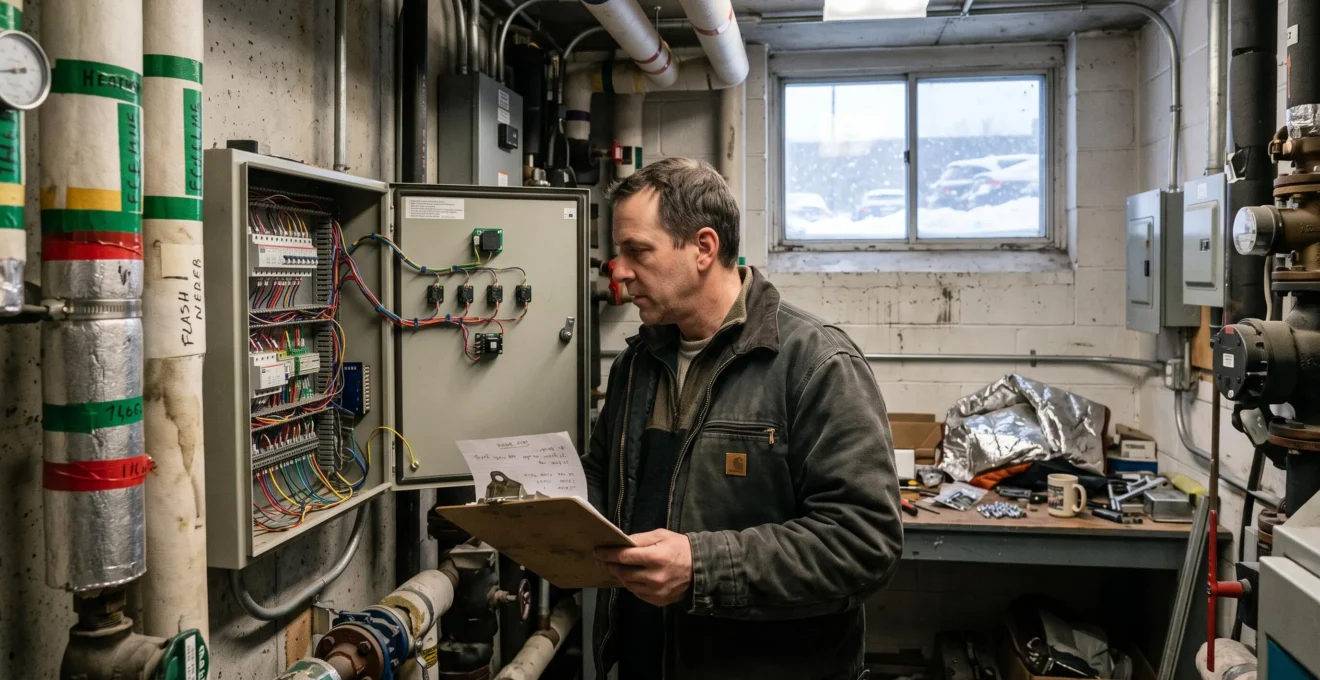 Un gestionnaire inspecte un panneau de contrôle d'automatisation ouvert dans une salle mécanique pendant l'hiver canadien.