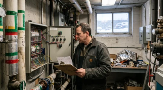 Un gestionnaire inspecte un panneau de contrôle d'automatisation ouvert dans une salle mécanique pendant l'hiver canadien.