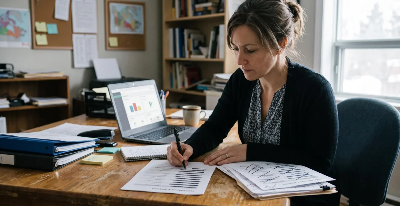 Une gestionnaire dans un petit bureau raye des lignes d'une liste d'indicateurs imprimée, gardant seulement quelques KPI sur son tableau de bord.