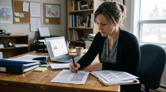 Une gestionnaire dans un petit bureau raye des lignes d'une liste d'indicateurs imprimée, gardant seulement quelques KPI sur son tableau de bord.