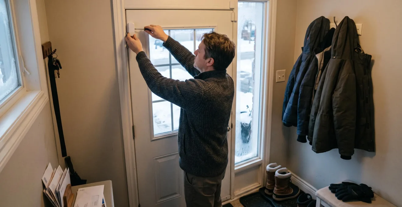 Un propriétaire installe un capteur d'ouverture sur le cadre d'une porte d'entrée dans une maison canadienne en hiver.